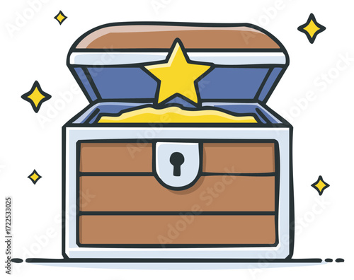 Open cartoon treasure chest brimming with golden coins and a shiny star reward