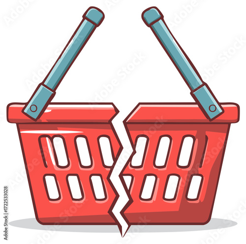 Broken red shopping basket with crack damage signifying economic recession or retail business failure concept