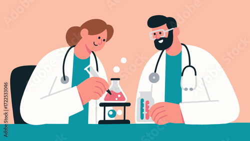 The doctor is conducting experimental research, vector hand-drawn illustrations