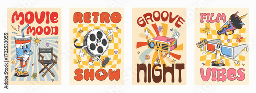 Hippie groovy movie and cinema retro characters posters with cartoon y2k soda cup, film reel, projector, 3D glasses and megaphone with bold typography, evoking nostalgic theater and movie night vibes