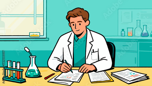 The doctor is conducting experimental research, vector hand-drawn illustrations