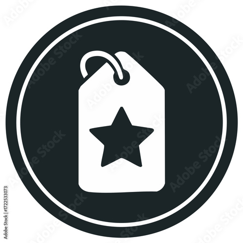 Black and white graphic of a price tag with a star inside a circle
