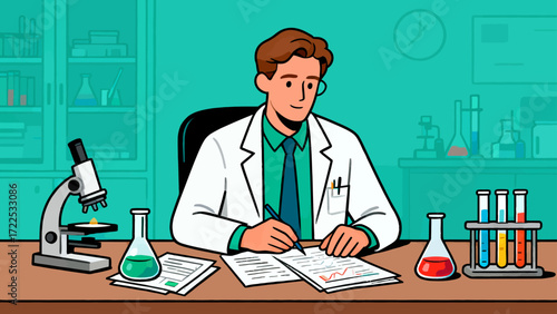 The doctor is conducting experimental research, vector hand-drawn illustrations