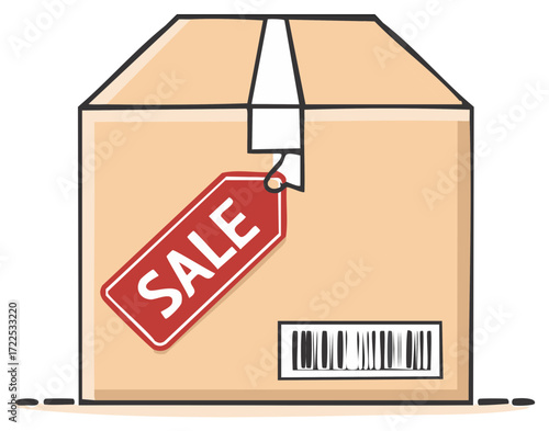 Cartoon Cardboard Box with Sale Tag and Barcode for Retail Discounts