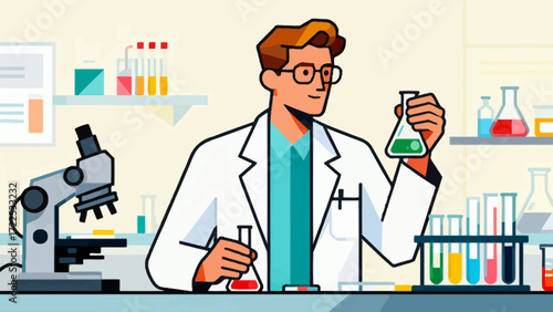 The doctor is conducting experimental research, vector hand-drawn illustrations