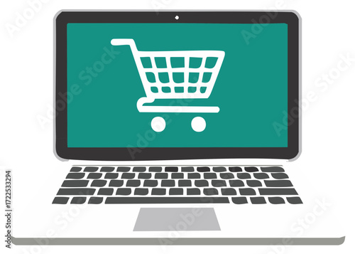 Modern laptop displaying a white shopping cart symbol on its green screen for online retail purchases
