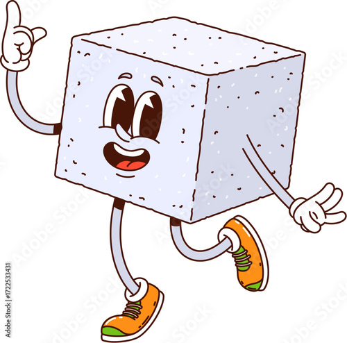 Cartoon groovy sugar cube character for bakery sweets and dessert, vector personage. Funny groovy sugar cube with happy smile on face as funky retro groovy character for dessert or yummy pastry