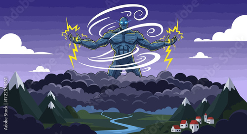 Powerful Storm God Unleashing Lightning and Wind.