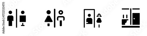 Restroom Sign Outline Icon – Male, Female, Unisex Toilet Pictogram Vector