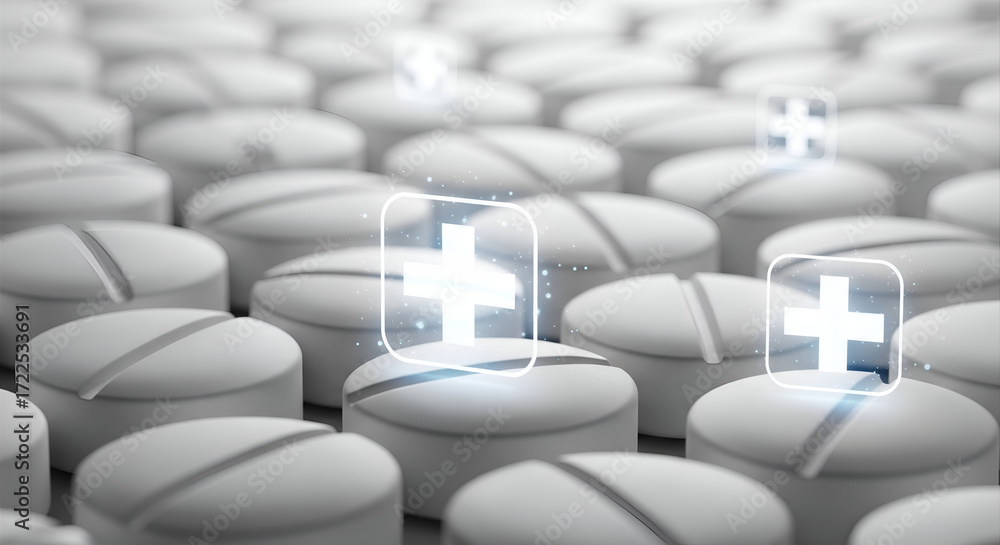 Obraz premium Medical pills and glowing cross icons symbolize healthcare innovation and treatment