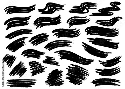 Collection of diverse black brush stroke textures, abstract art elements, and grunge stylistic markings for graphic design