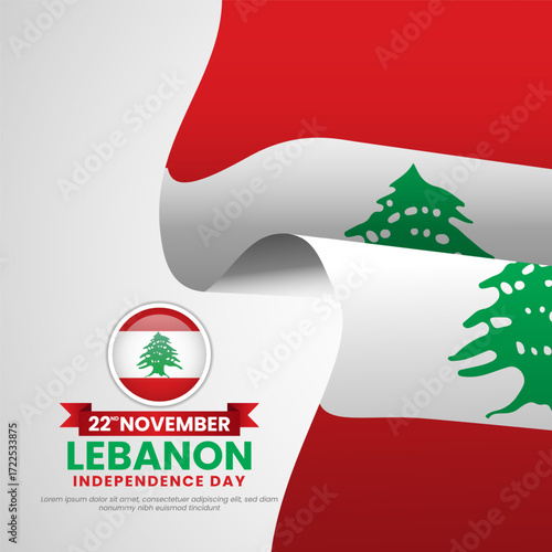 Lebanon independence day greeting card, square banner background with warving ribbon flag