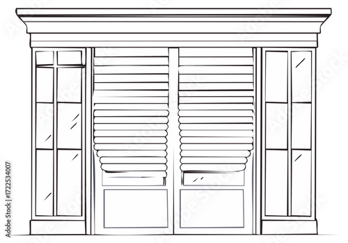 Outline of window with shuttered folding doors, design element with decorative trim. Architecture sketch showing window layout with detail.
