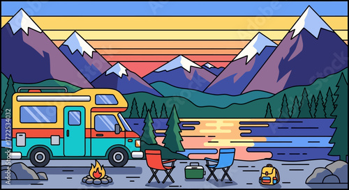 Recreational Vehicle Camping by a Lake at Sunset.