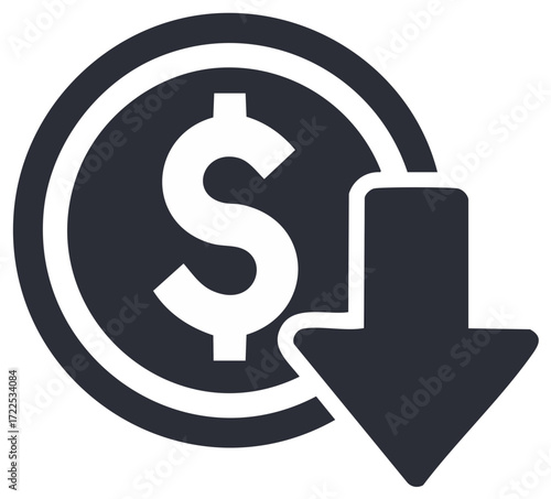 Currency Coin with Dollar Symbol and Down Arrow, Economic Recession and Losses Concept