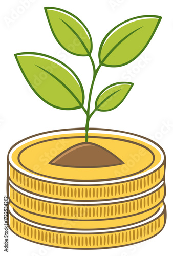 Green sprout emerging from a stack of golden coins symbolizing financial growth and investment