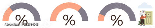 Three percentage arcs showing progress levels in gray and orange. A character handles files beside a cabinet under a cloud. Ideal for data tracking, productivity, organization, workflow, progress
