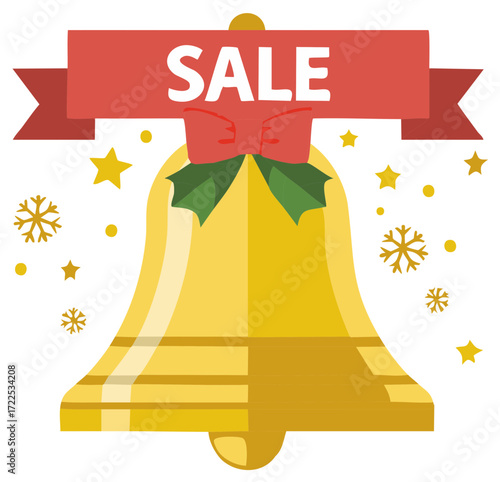 Festive sale announcement with golden bell, snowflakes, and ribbon banner for holiday promotion and shopping discounts.