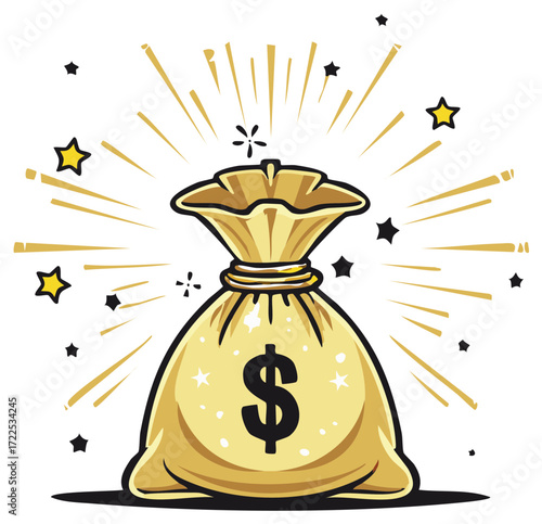 Golden money bag with dollar sign and sparkling light rays, representing wealth and success.