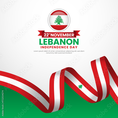 Lebanon independence day greeting card, square banner background with warving ribbon flag