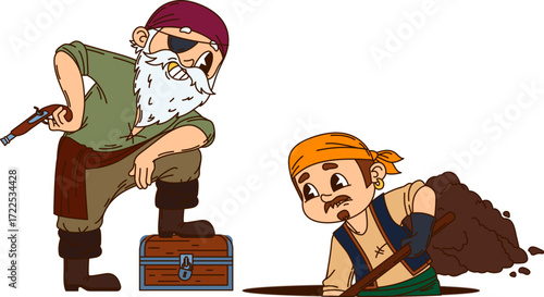 Cartoon European pirate captain and corsair sailor burying a treasure. Vector chief filibuster confidently standing near a treasure chest, alongside a seaman digging a hole to hide loot in wood trunk