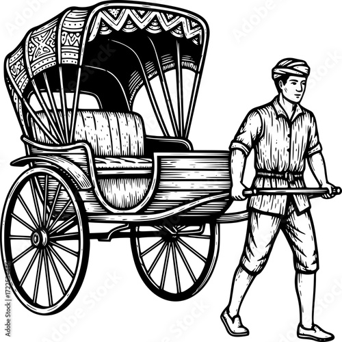 Rickshaw and Operator:  An elaborately designed rickshaw, featuring intricate patterns and detailing, is being pulled by a diligent operator.