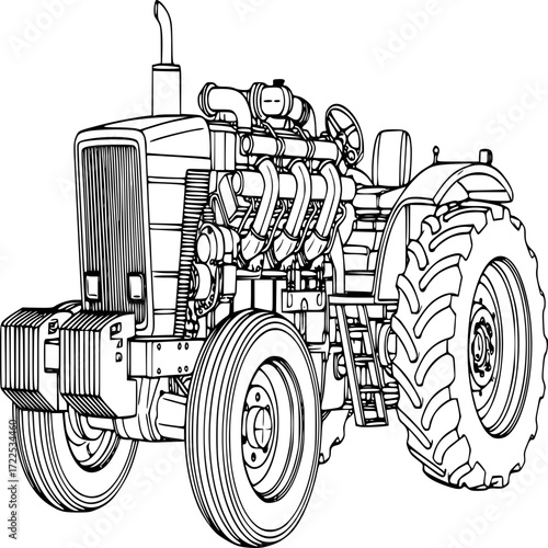 Powerful Tractor: A detailed illustration of a rugged tractor, showcasing its robust design, powerful engine, and oversized wheels, perfect for agricultural applications.