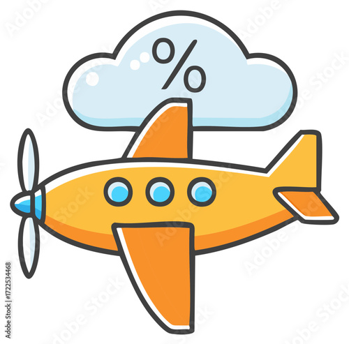 Cartoon Airplane with a Cloud Showing Percentage Icon Representing Airline Sales