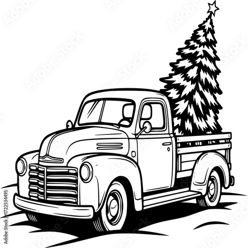 Christmas Tree Delivery: A classic vintage truck, laden with a freshly cut Christmas tree, creates a scene of holiday nostalgia.