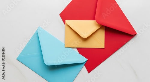 Free Download A top view of three colorful envelopes in red yellow and blue on a white surface background - GFXLoad