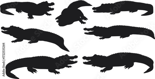 Crocodile silhouette set, black reptile shapes, wild animal poses, open jaws, top view, side view, vector illustration, nature design