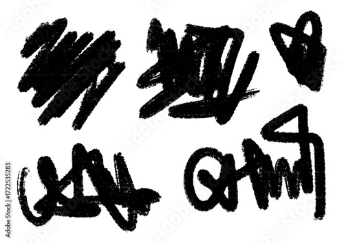 Set of Hand-Drawn Black Graffiti Tags and Scribbles Isolated on White Background, Artistic Urban Markings