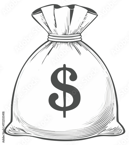 Money bag illustration with dollar sign, financial concept. Vector icon.