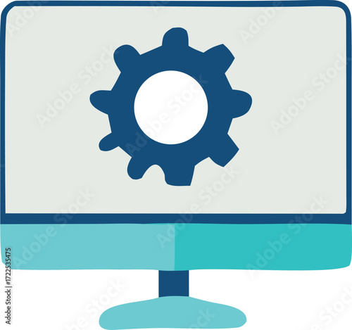 Computer monitor displaying a large dark blue gear icon symbolizing settings configuration and system maintenance operations