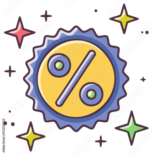 Cartoon percentage sign on round badge with stars for sale promotion advertisement design