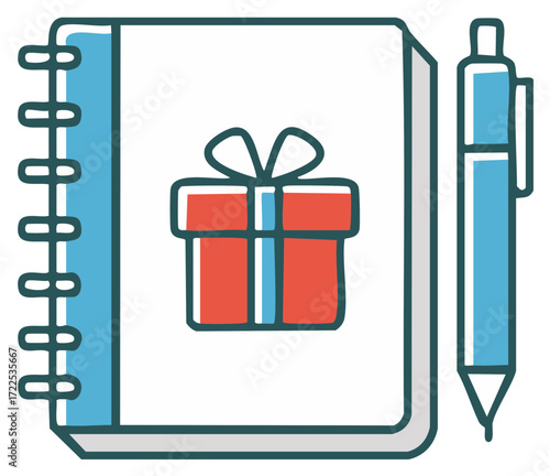 Hand drawn doodle notebook with gift icon and pen for journaling or planning