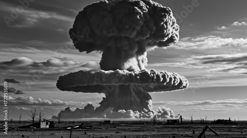 Dramatic black and white image of a nuclear explosion and its aftermath.