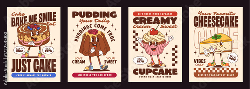 Groovy bakery and dessert characters posters. Vector cute sweets like cake, pudding, cupcake and cheesecake retro personages emphasizing delicious flavors, happiness, and vintage playful y2k charm