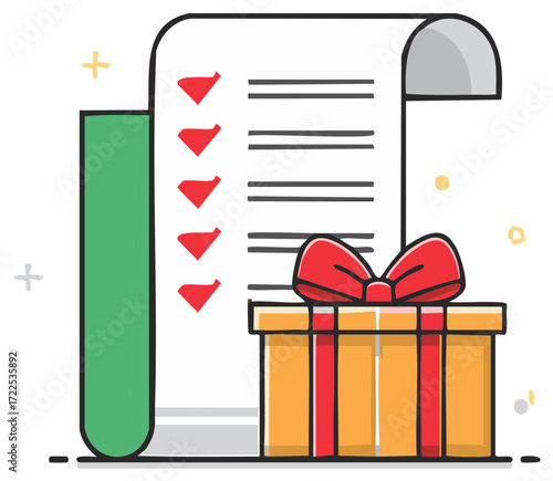 Illustrated gift box with red ribbon and checklist, concept for special occasion and rewards