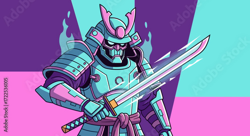 Samurai Warrior in Neon Armor with Katana Sword.