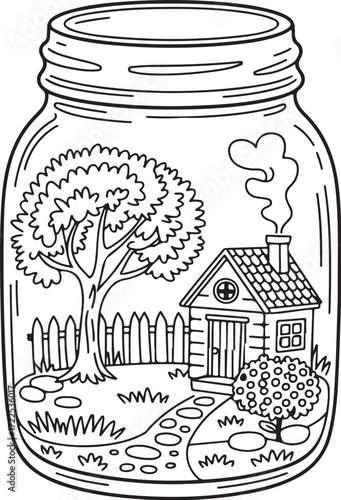 Stone Path Garden in Jar – Relaxing Bench & Flowers Coloring Page
