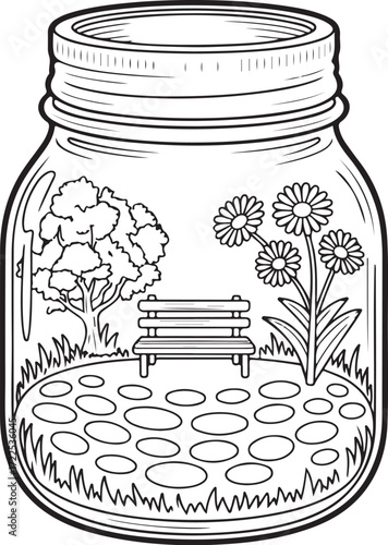 Stone Path Garden in Jar – Relaxing Bench & Flowers Coloring Page