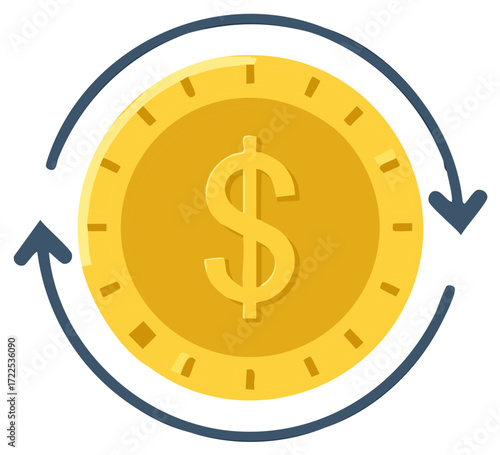 Dollar coin with rotating arrow symbol around. Finance and business concept.