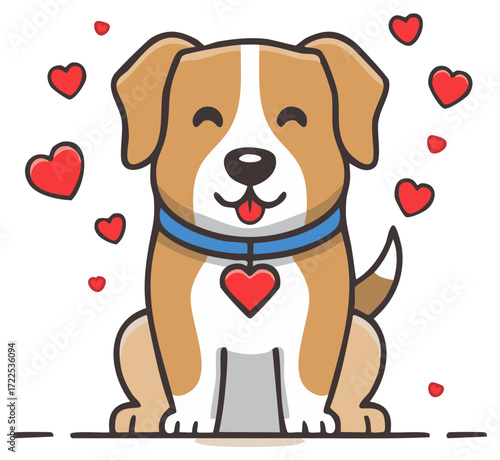 Adorable happy puppy with a heart-shaped tag and floating red hearts, expressing love and joy in vector style.