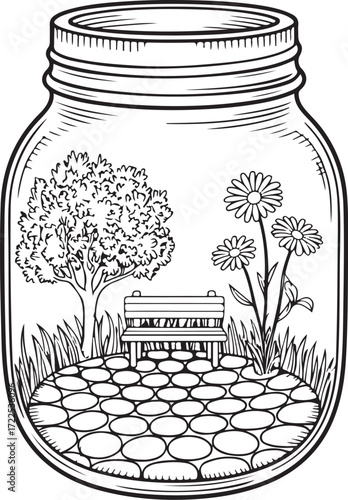 Stone Path Garden in Jar – Relaxing Bench & Flowers Coloring Page