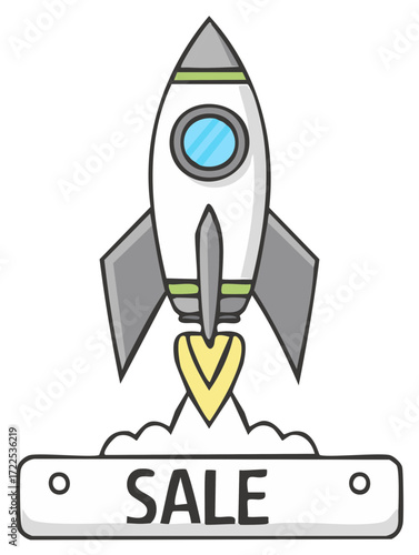 Cartoon Rocket Ship Launching Sale Promotion Offer Discount Graphic