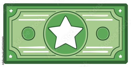Stylized green paper money banknote with a star symbol. Vector illustration for finance, reward, or game currency.