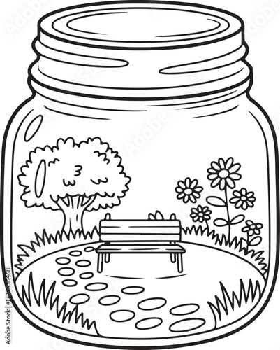 Stone Path Garden in Jar – Relaxing Bench & Flowers Coloring Page