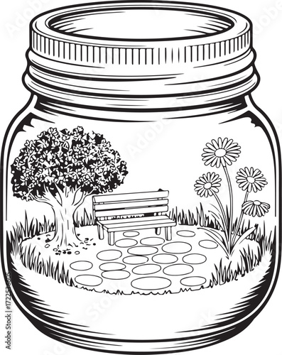 Stone Path Garden in Jar – Relaxing Bench & Flowers Coloring Page