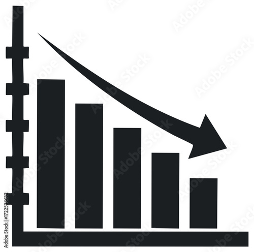 Bar chart with decreasing bars and arrow depicting financial loss and economic downturn